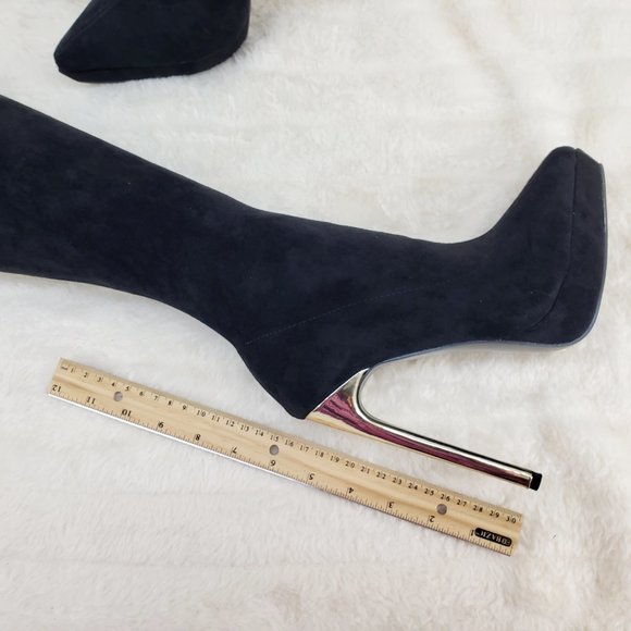 Girlz Revenge Faux Stretch Suede Black Sexy High Heel Pointy Toe Platform Boots - Picture 9 of 15